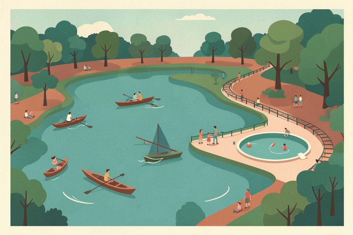 Illustration of a family park with a boating lake and miniature railway