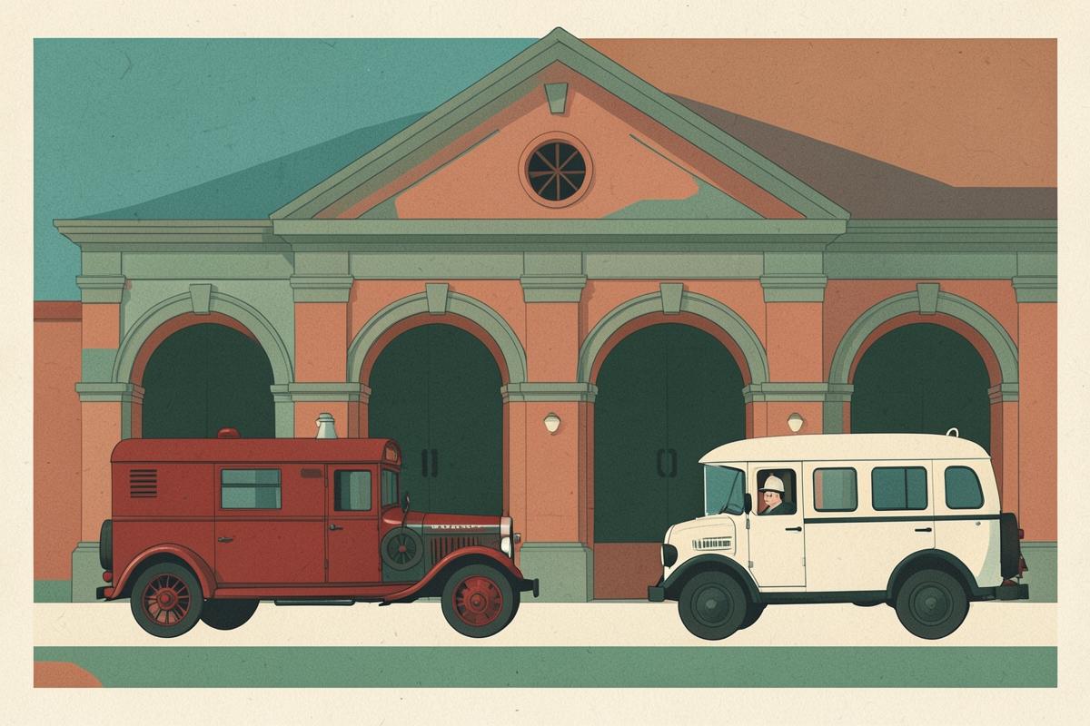 Illustration of vintage fire engines inside an old fire station