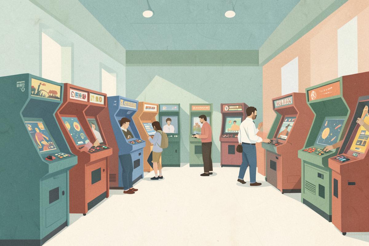 Illustration of a bright museum room filled with playable arcade cabinets