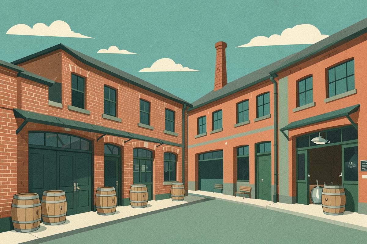 Illustration of an industrial street with brewery taprooms and warehouses