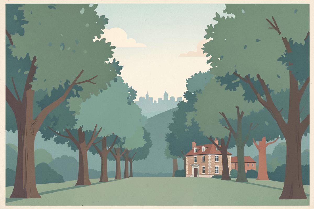 Illustration of a Victorian park with a broad tree-lined avenue and city views