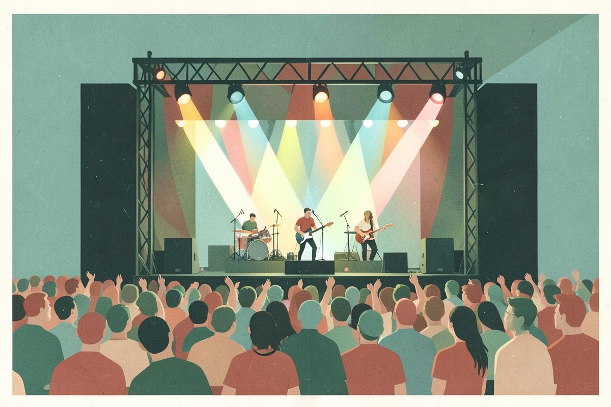Illustration of a busy music venue with a crowd and stage lights