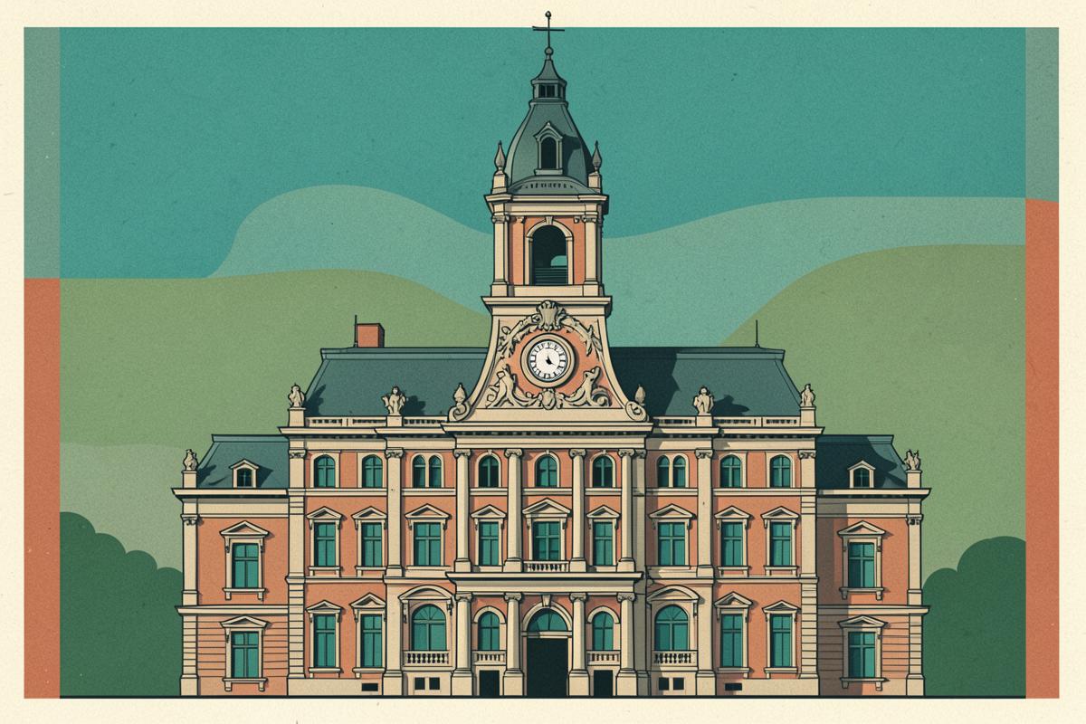 Illustration of a Victorian town hall with a clock tower