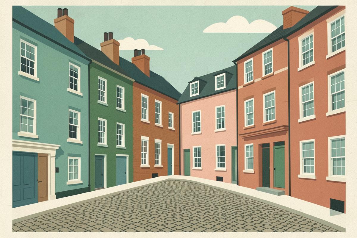 Illustration of a steep cobbled Georgian square with brick townhouses