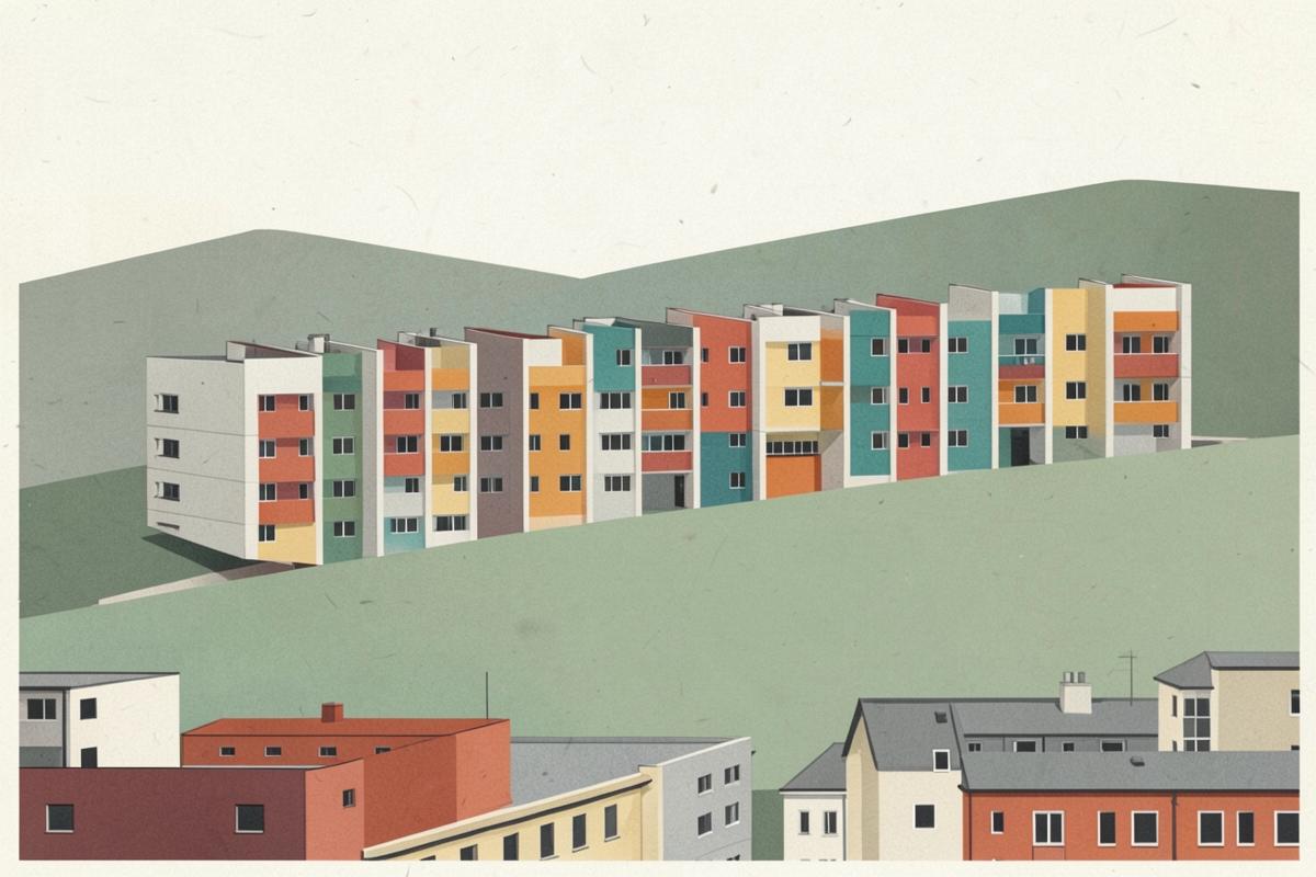 Illustration of a long concrete housing block with brightly coloured panels on a hillside