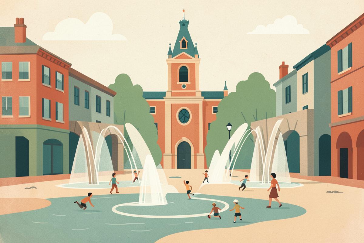 Illustration of children playing in the fountains of Sheffield's Peace Gardens