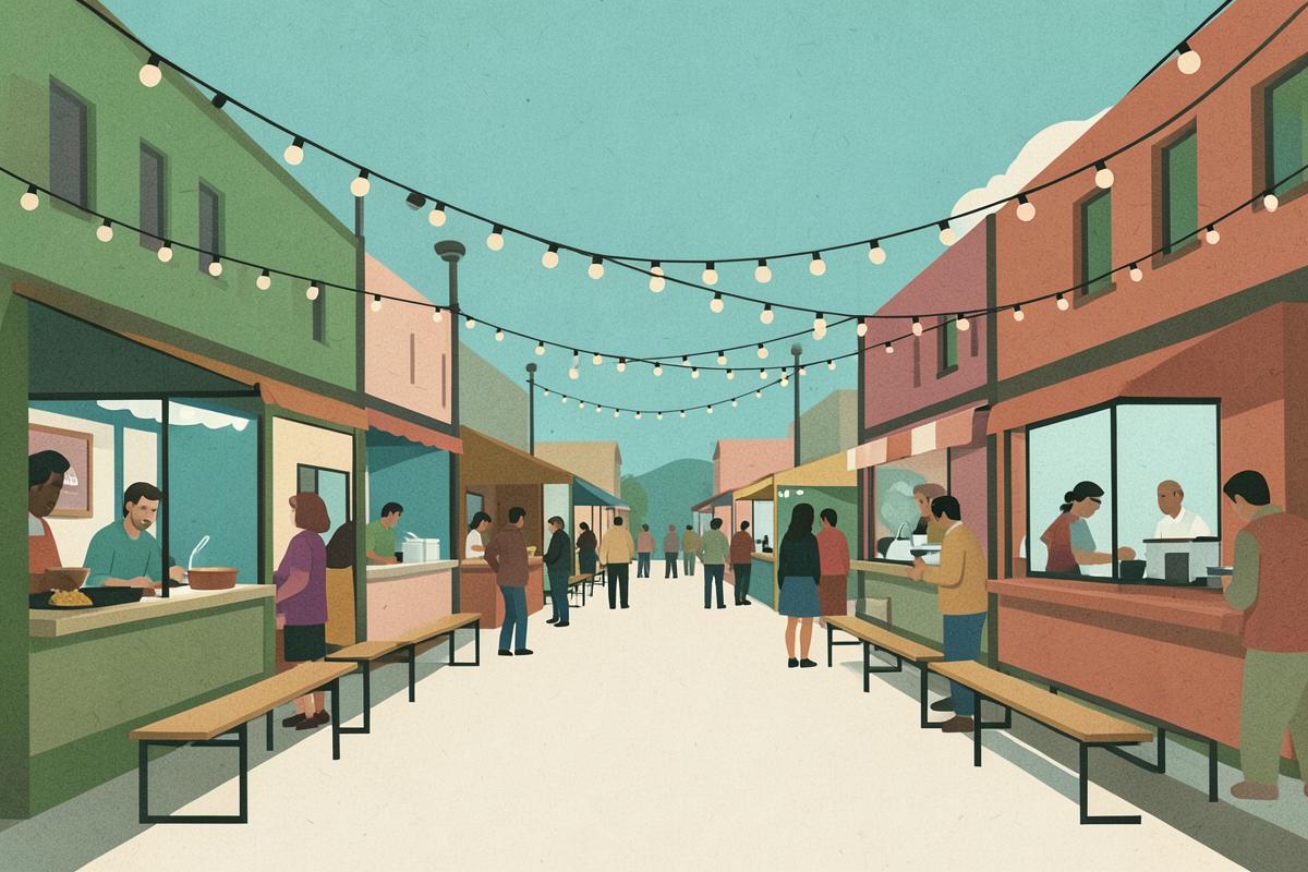 Illustration of a warehouse street food market with stalls and string lights