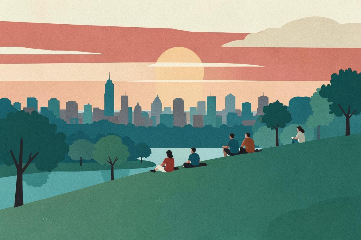 Illustration of a grassy hillside park looking out over a city skyline at sunset
