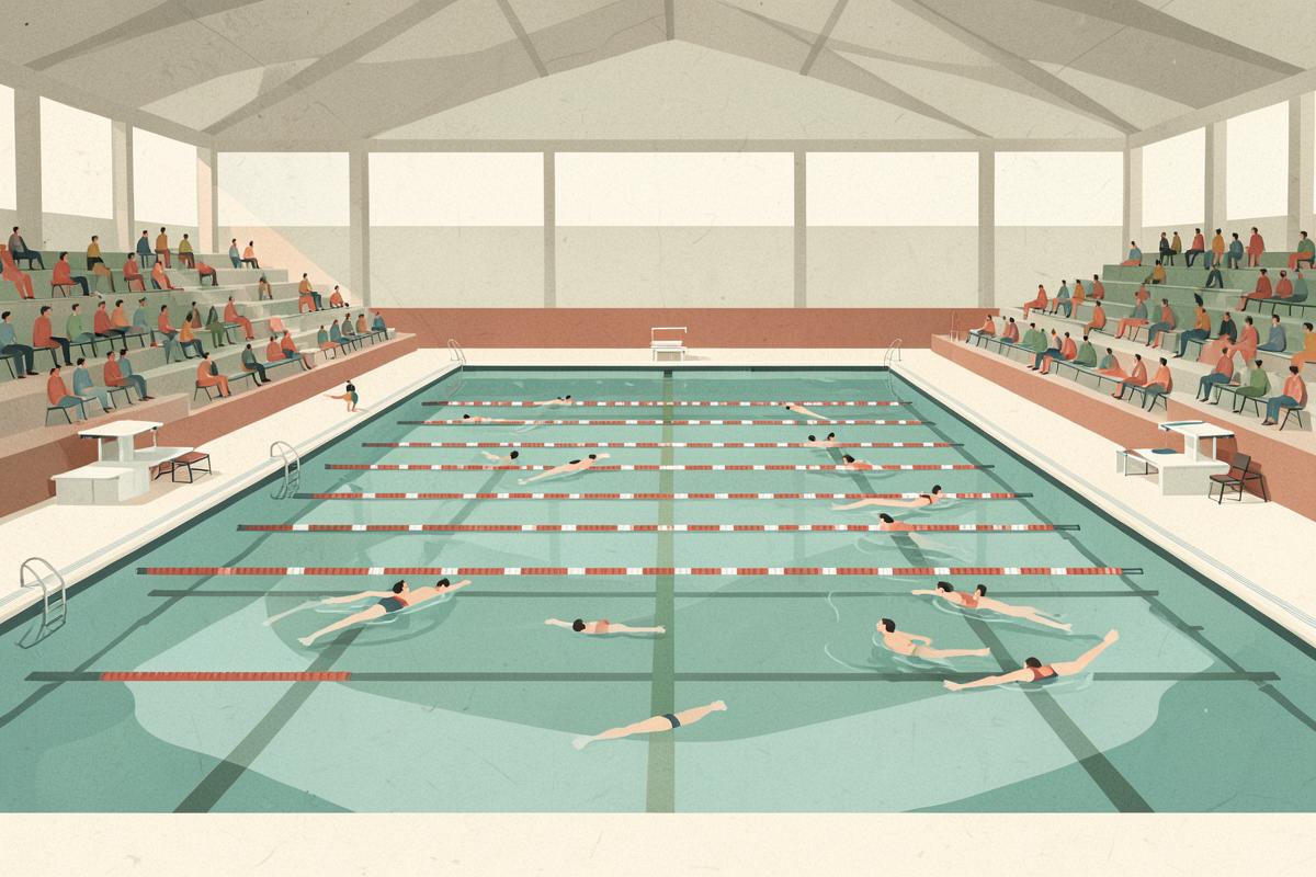 Illustration of a large indoor Olympic swimming pool with diving boards