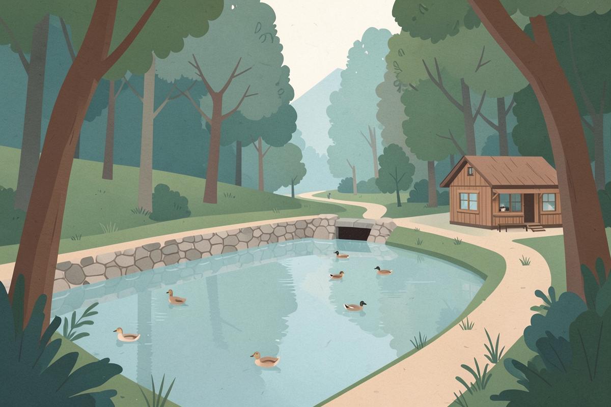 Illustration of a woodland mill pond with a path alongside