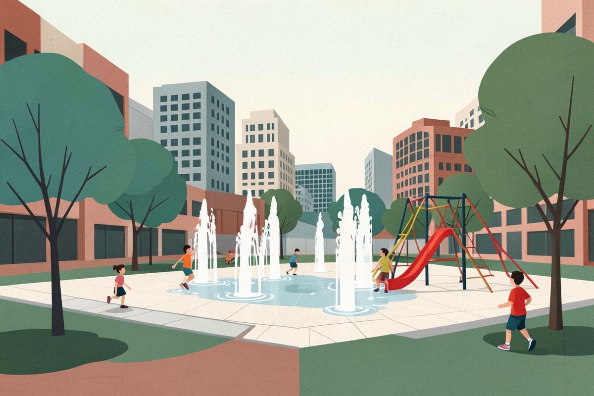 Illustration of a modern city park with water jets and children playing