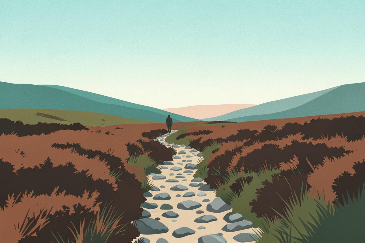 Illustration of a rough moorland track crossing open heather