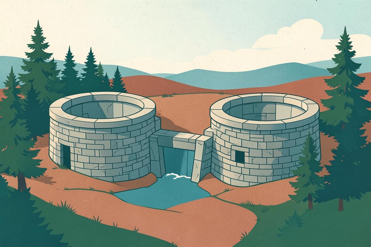 Illustration of Victorian stone reservoirs surrounded by moorland trees