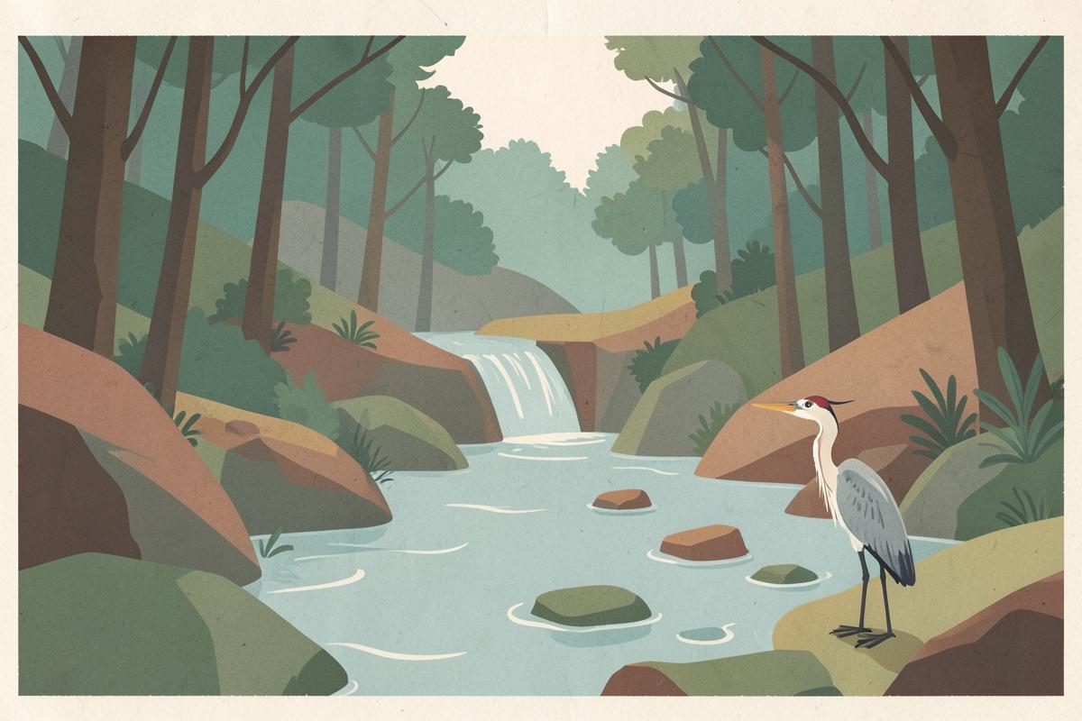 Illustration of a wooded river valley with a small waterfall and stepping stones