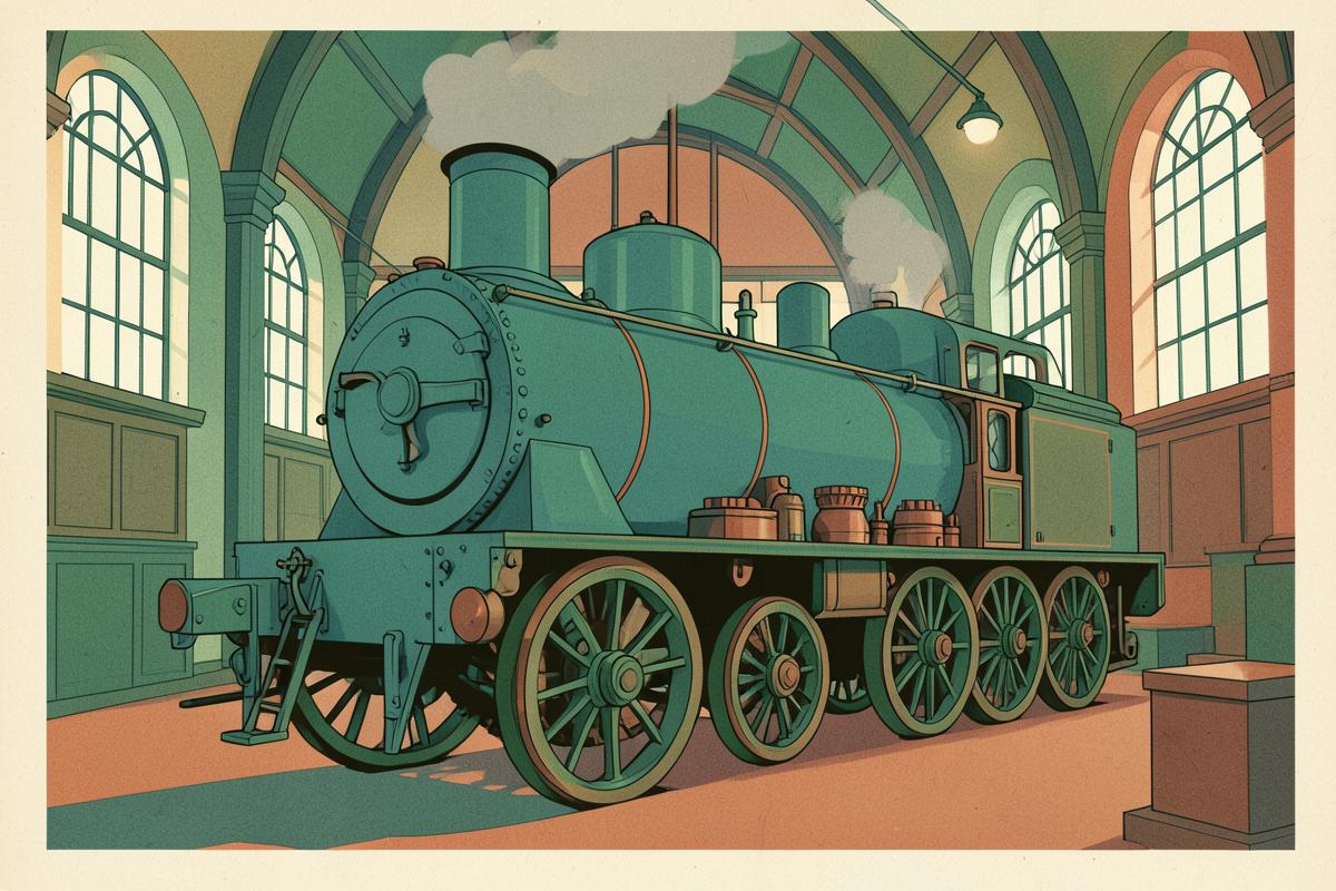 Illustration of a giant industrial steam engine in a museum hall
