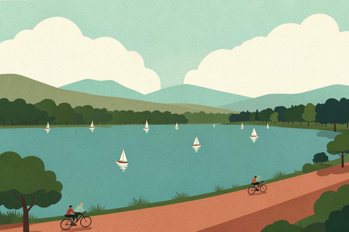 Illustration of a country park with lakes, sailing boats and woodland