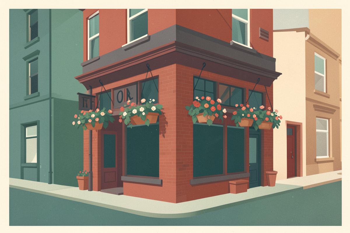 Illustration of a red-brick corner pub with hanging baskets