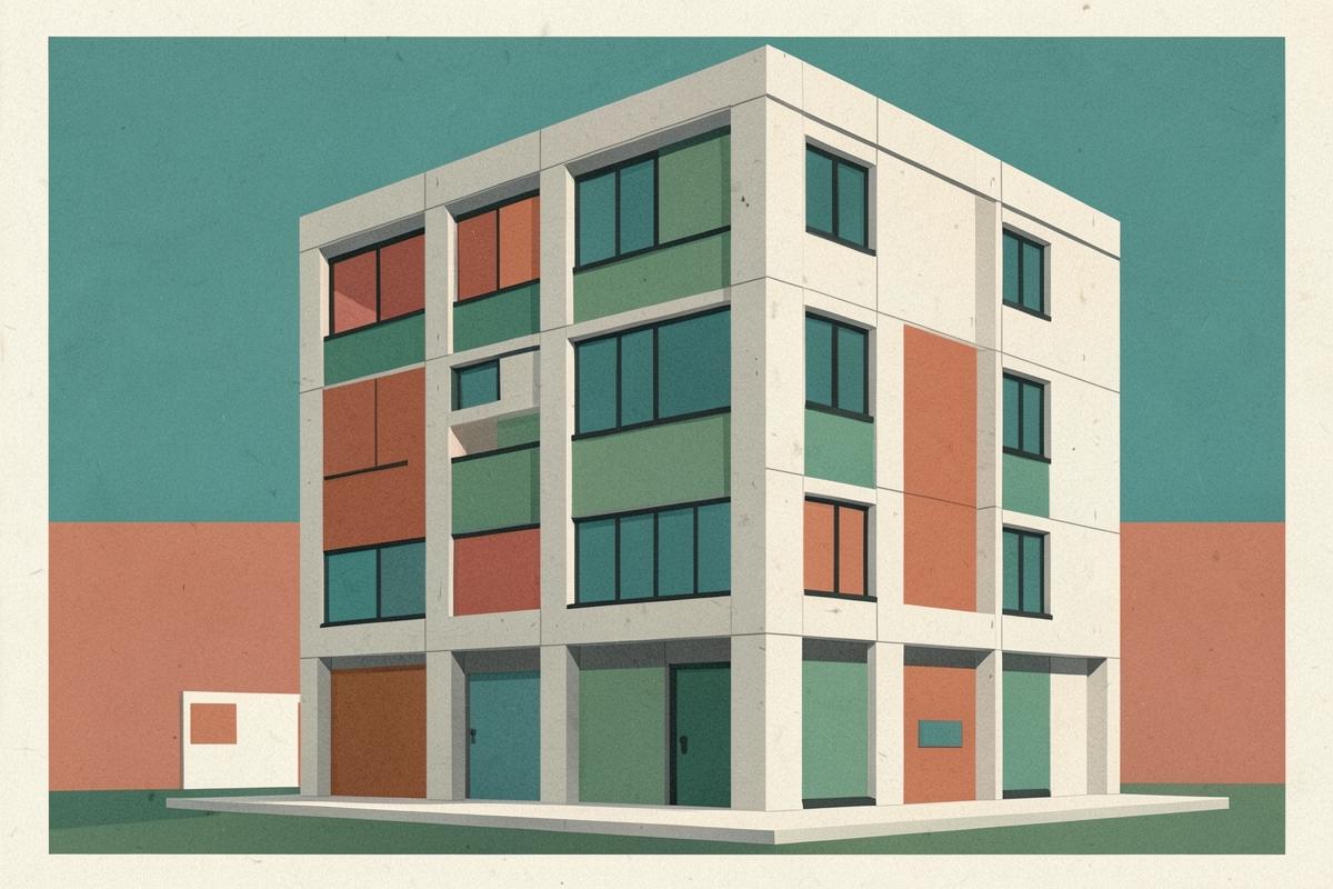 Illustration of a contemporary gallery inside a brutalist housing block