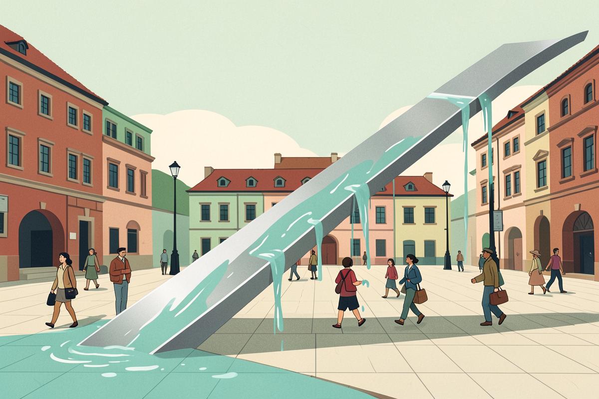 Illustration of a long polished steel water sculpture in a station square