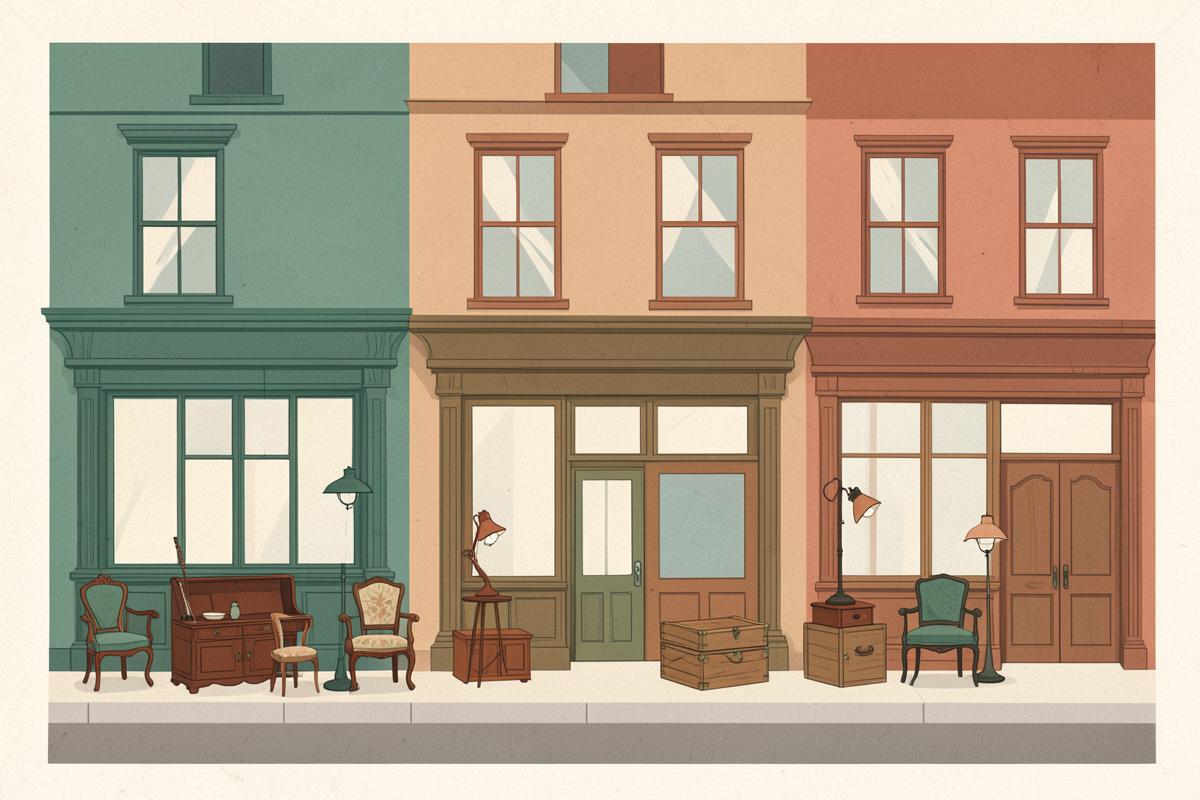 Illustration of a row of antique shopfronts with furniture displayed on the pavement