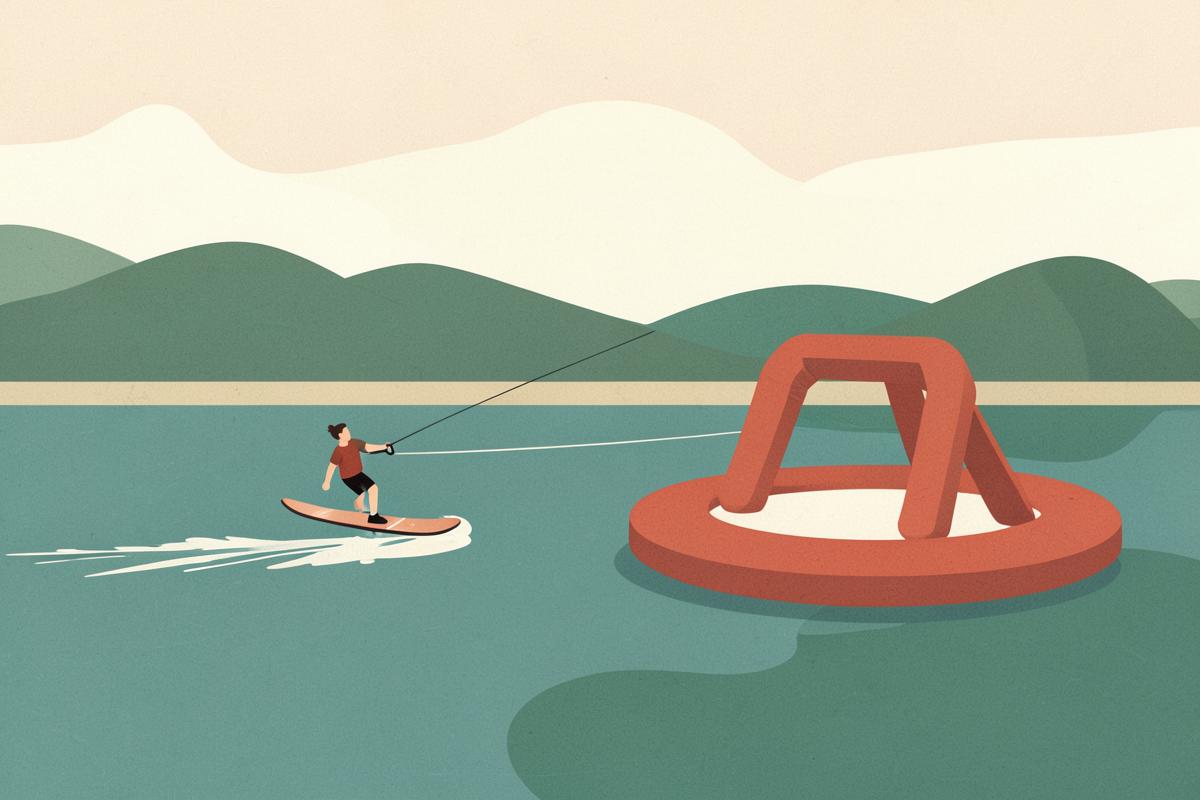 Illustration of wakeboarders on a lake beside a floating inflatable park