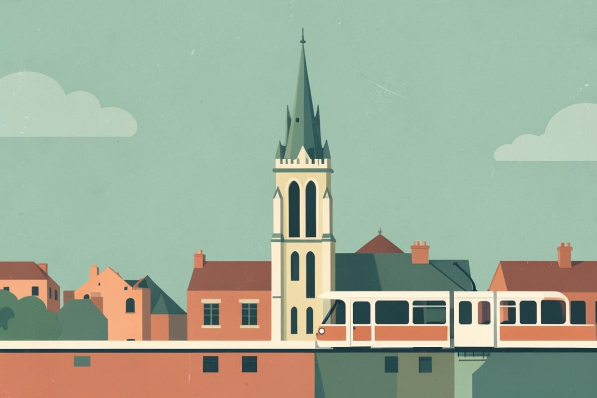 Illustration of Sheffield Cathedral's tower and spire above the city streets