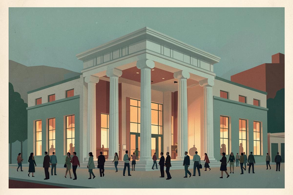 Illustration of a 1930s concert hall with a tall columned portico at dusk