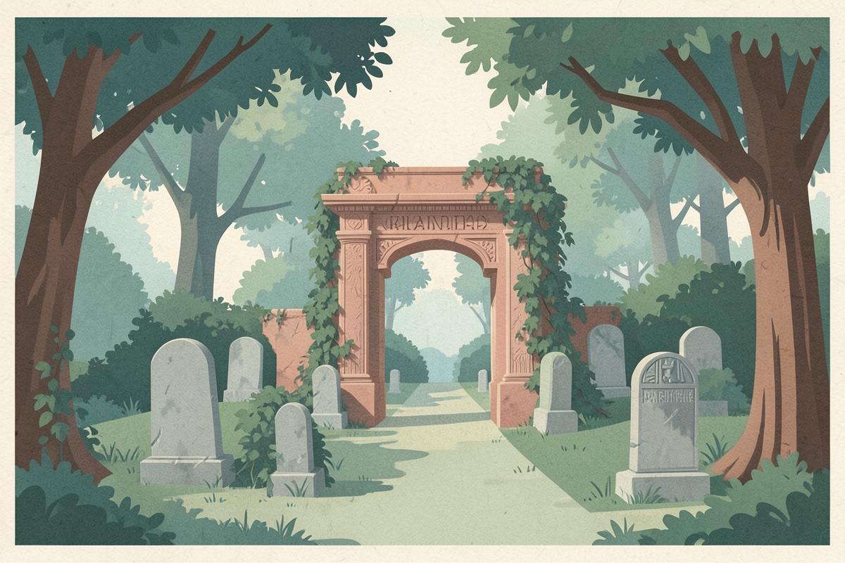 Illustration of a wooded Victorian cemetery with an Egyptian-style stone gateway