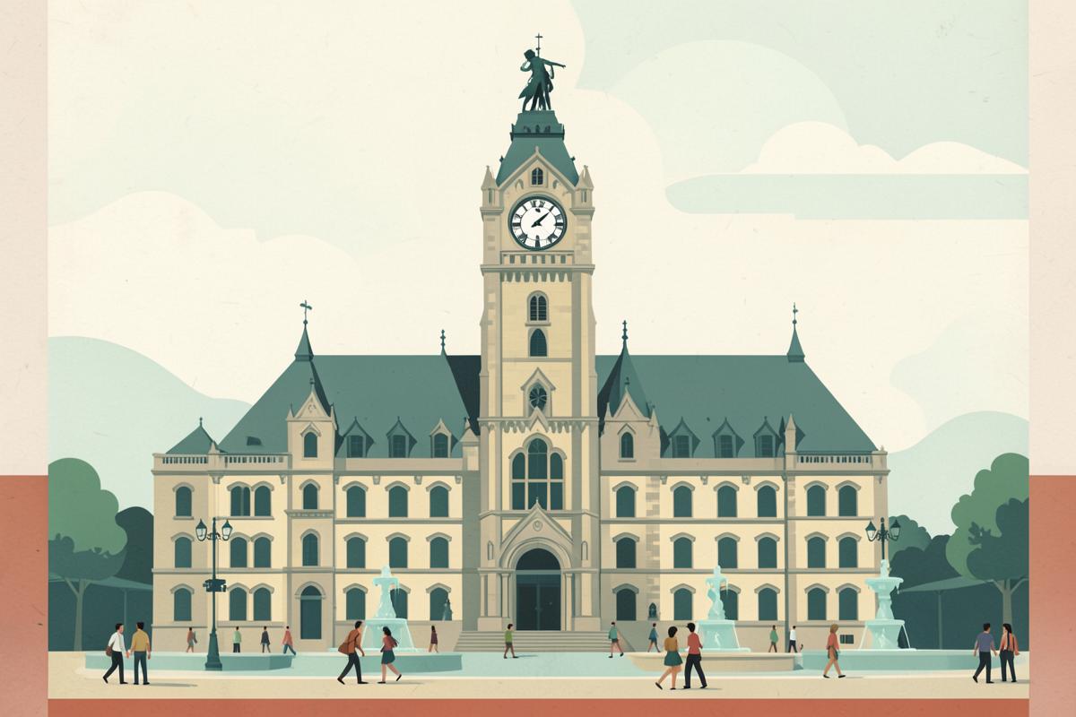 Illustration of a Victorian Gothic town hall with a tall clock tower