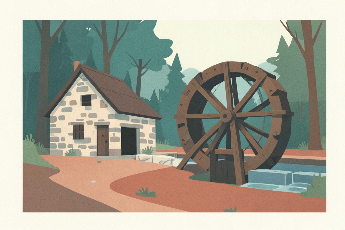 Illustration of a stone workshop with a wooden waterwheel in woodland