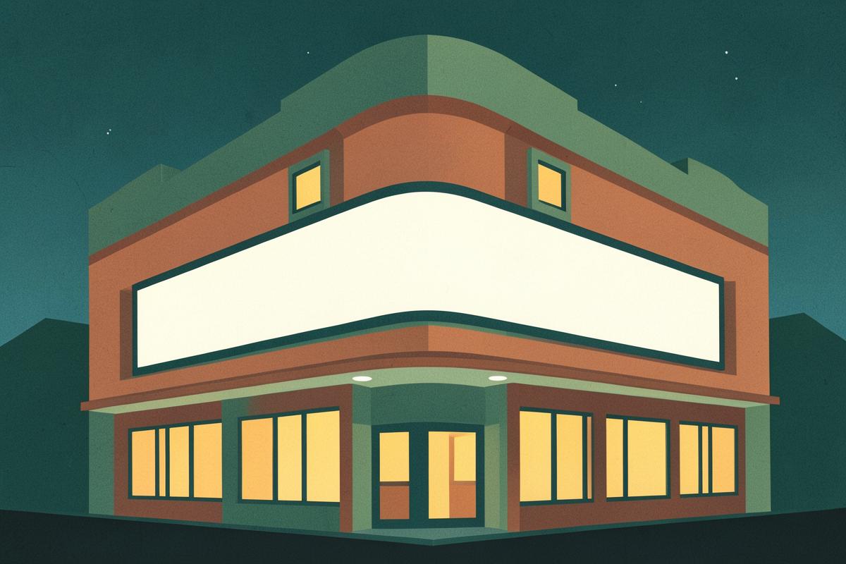Illustration of an art deco cinema frontage lit at night