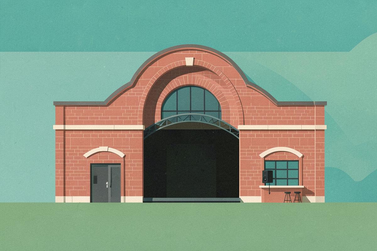 Illustration of a brick warehouse music venue with arched roof