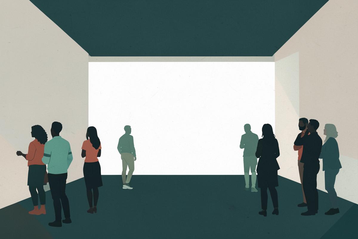 Illustration of a contemporary gallery space with a large video projection