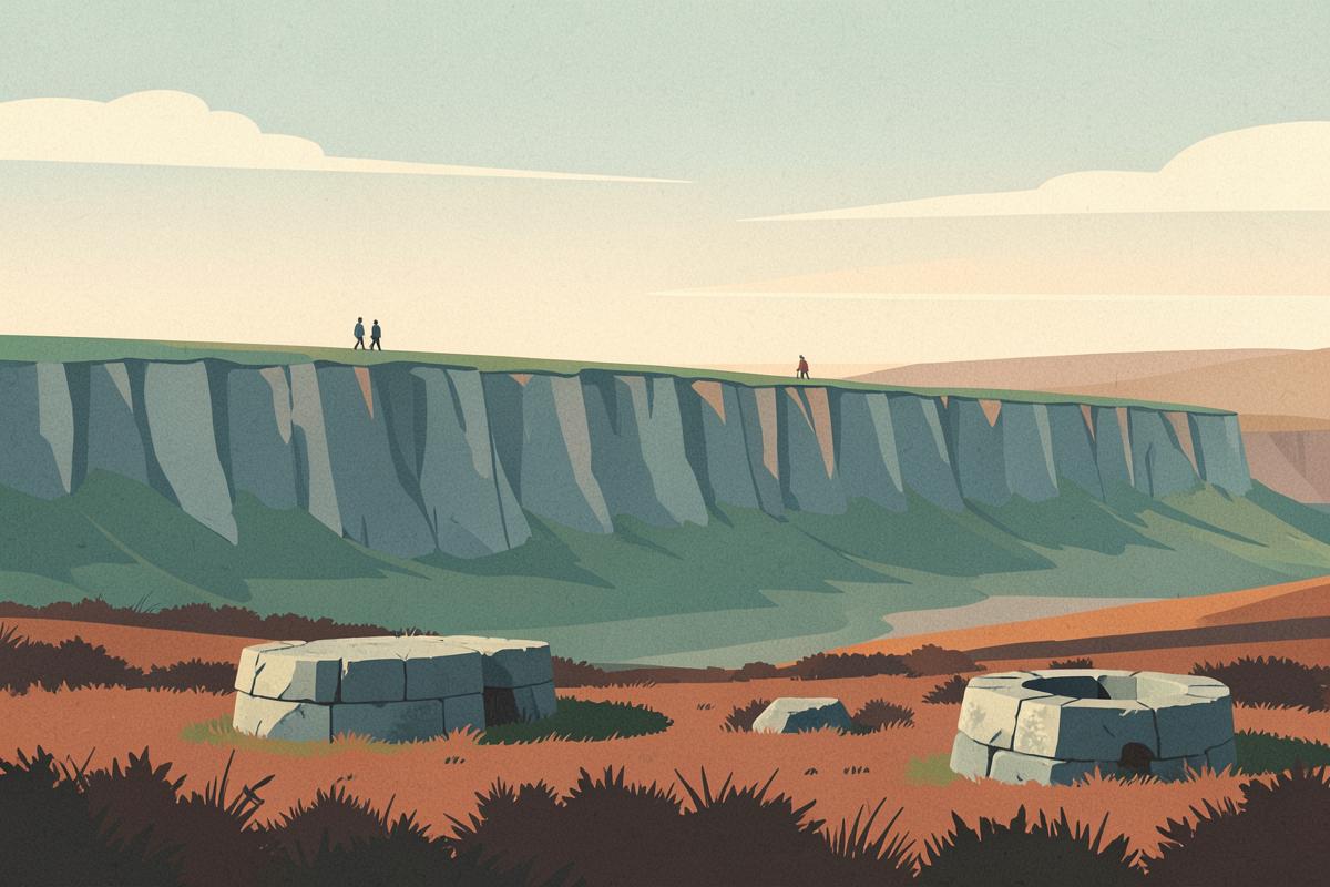 Illustration of a long gritstone escarpment above moorland at golden hour