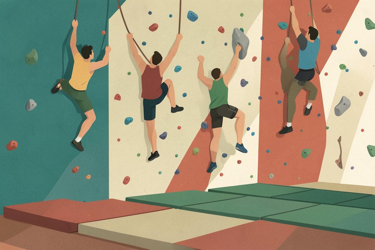 Illustration of climbers on a colourful indoor bouldering wall