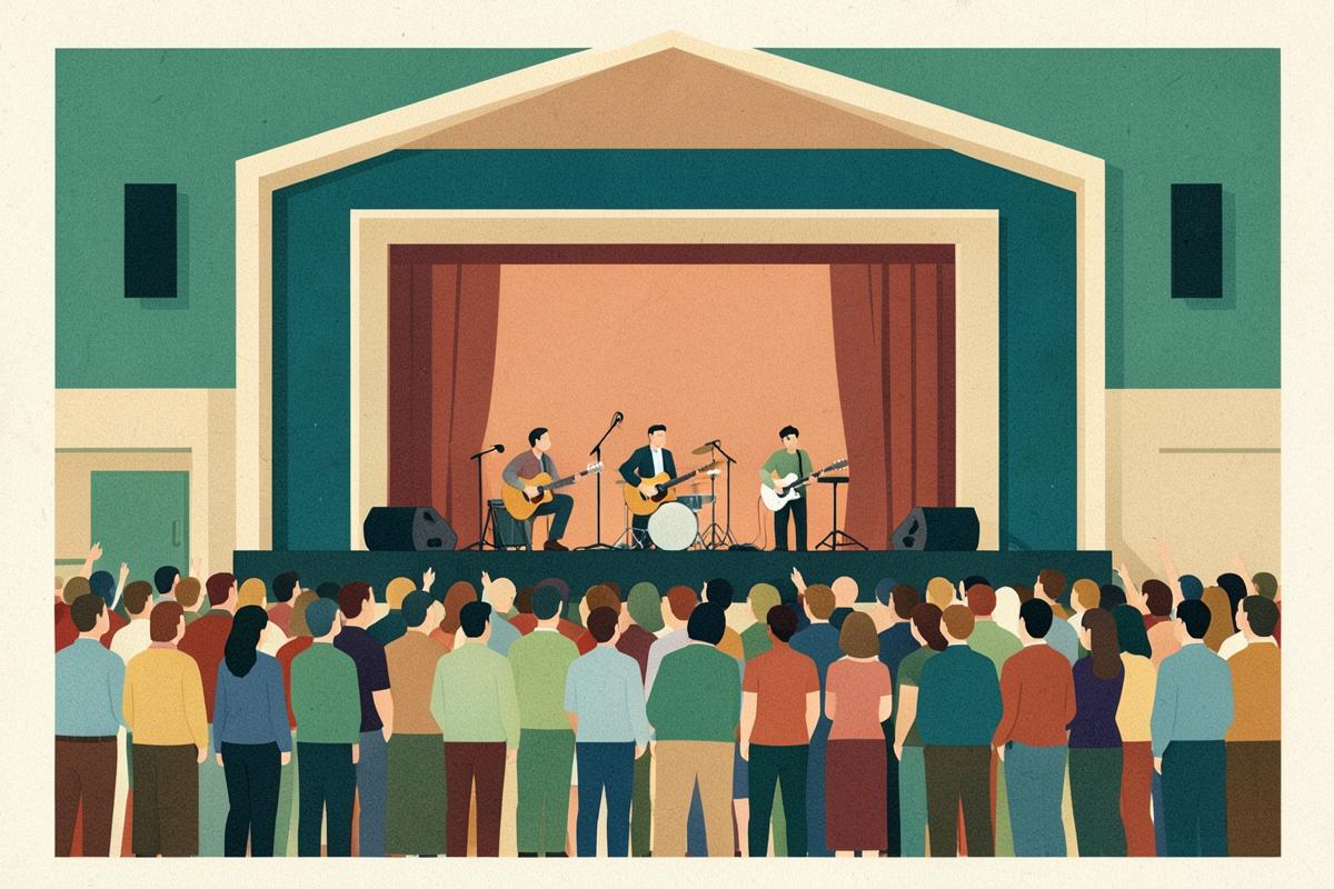 Illustration of a student union live music hall with a band on stage