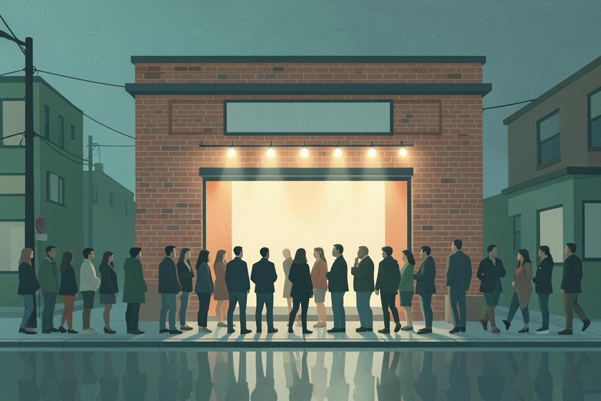 Illustration of a brick music venue at night with a glowing sign and a queue outside