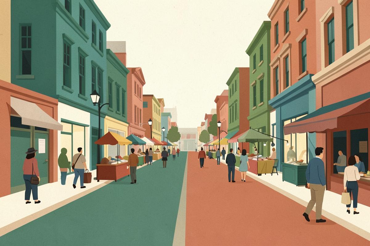 Illustration of a broad pedestrian shopping street with market stalls
