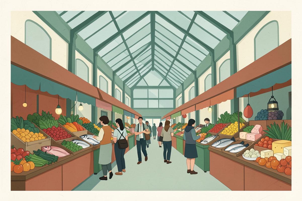 Illustration of a busy indoor market hall with produce stalls