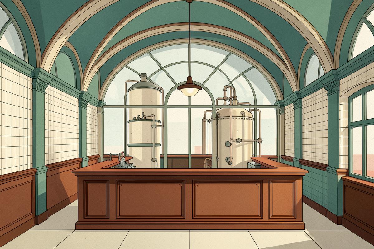 Illustration of an ornate Edwardian station bar interior with tiled walls