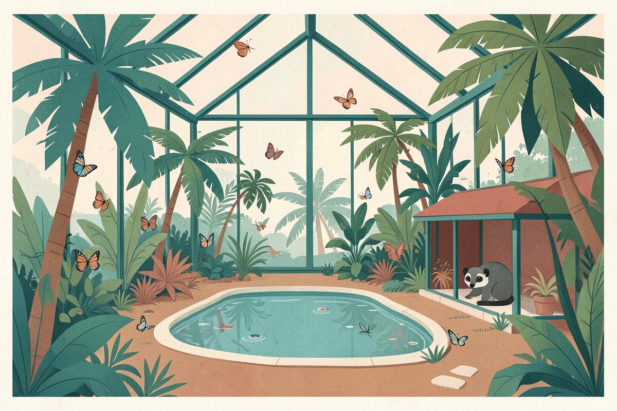 Illustration of a tropical glasshouse full of butterflies and plants