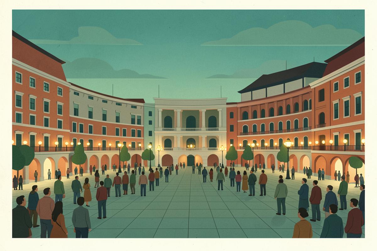 Illustration of a paved theatre square with grand theatre frontages and evening lights
