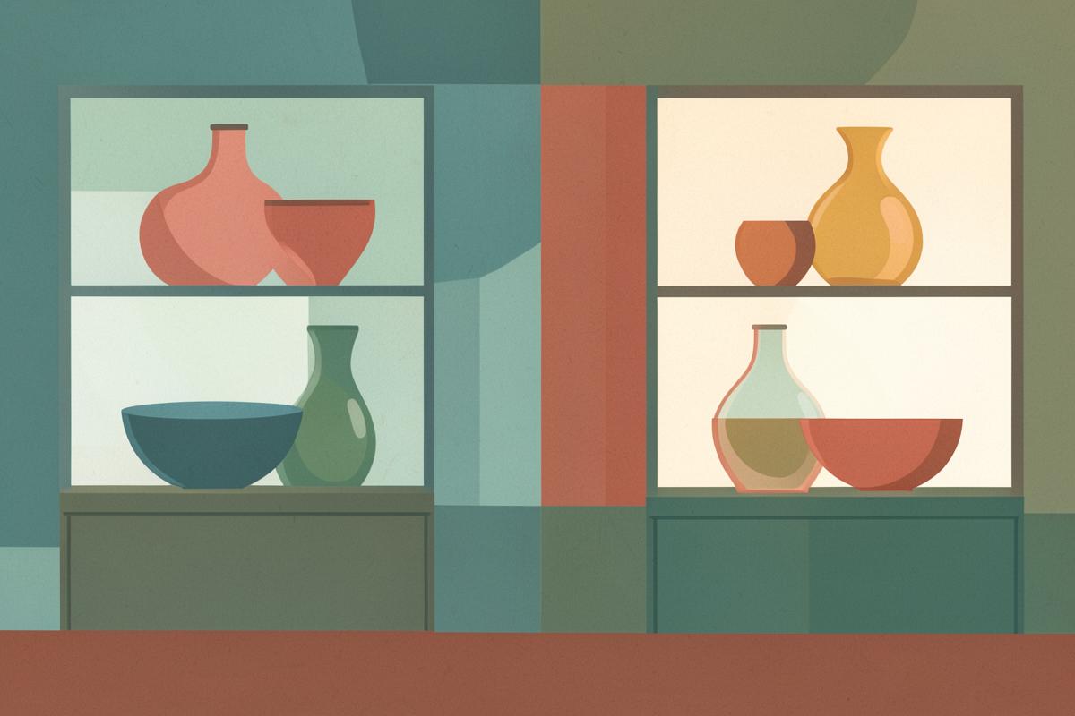Illustration of glass vessels displayed in lit museum cases