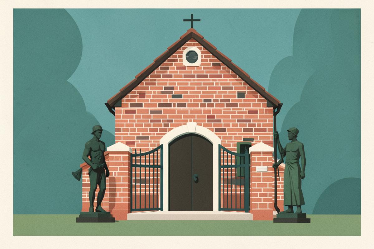 Illustration of a small brick chapel with bronze sculptures in a courtyard