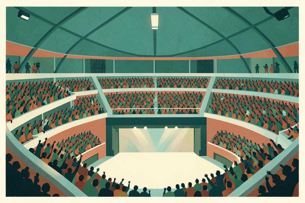 Illustration of a large indoor arena filled with a crowd