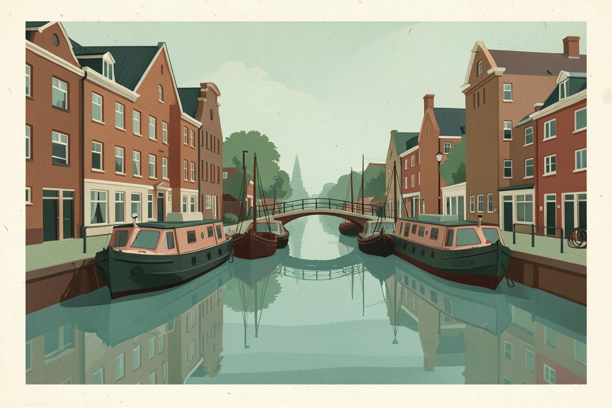 Illustration of a canal basin with narrowboats and Victorian brick warehouses
