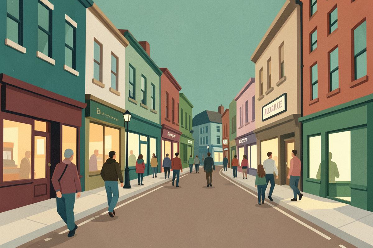 Illustration of a lively city street of bars lit at night