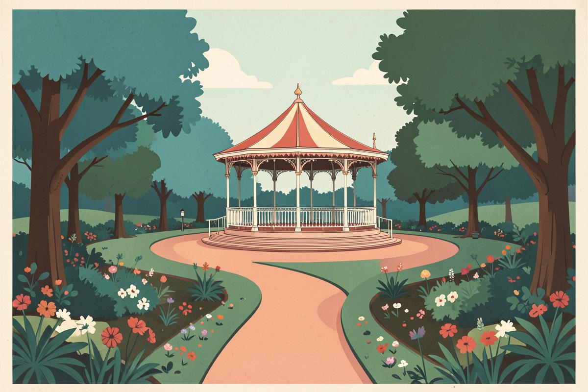 Illustration of a Victorian public park with a bandstand and winding paths