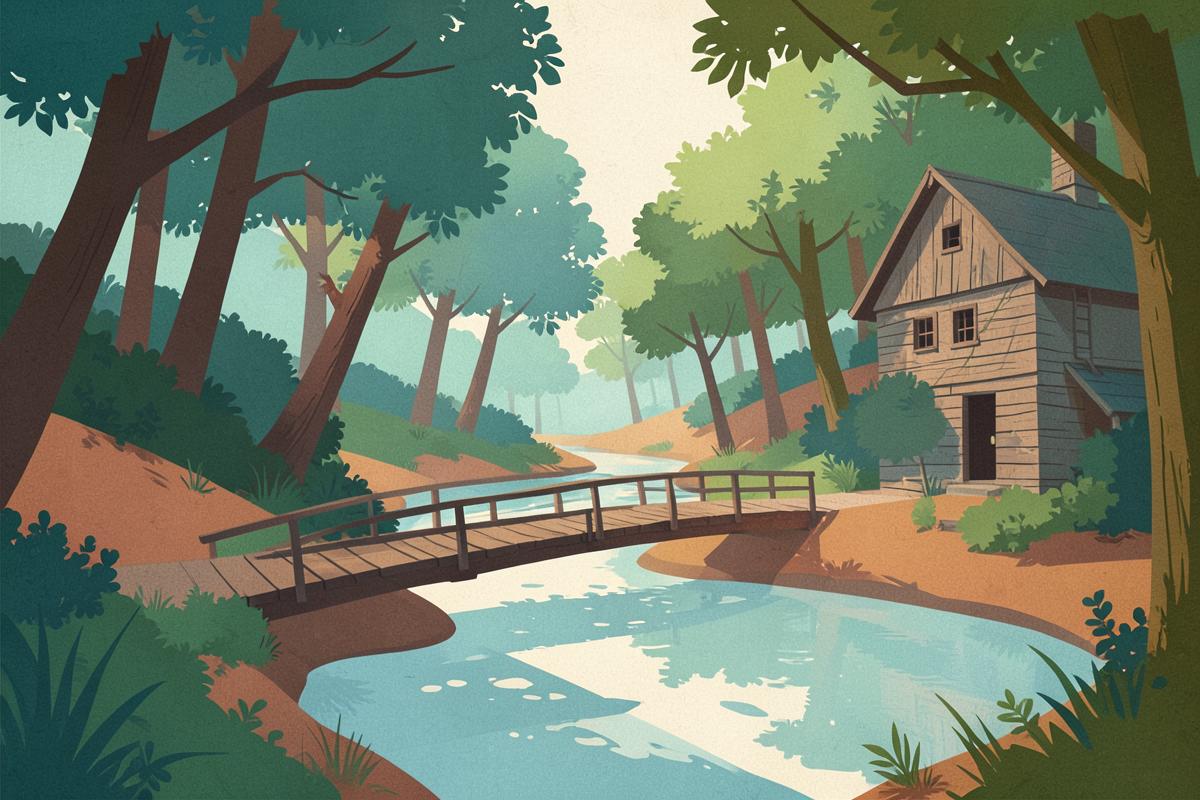 Illustration of a wooded stream valley with footbridges
