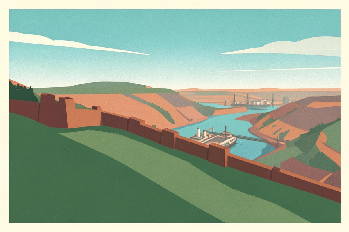 Illustration of a grassy hillfort with earth ramparts above a valley